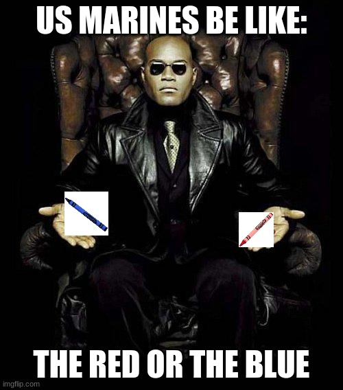 May God be with you, fellow imgflipper |  US MARINES BE LIKE:; THE RED OR THE BLUE | image tagged in morpheus blue red pill | made w/ Imgflip meme maker