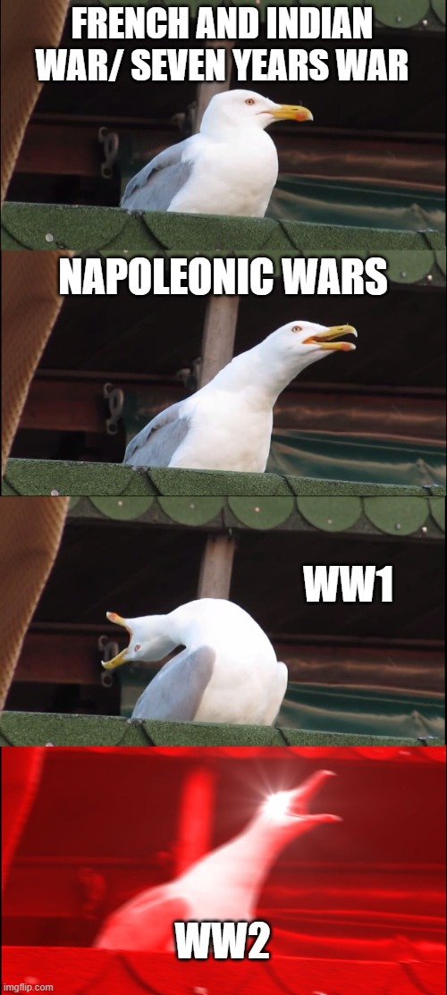 The world conflicts | FRENCH AND INDIAN WAR/ SEVEN YEARS WAR; NAPOLEONIC WARS; WW1; WW2 | image tagged in memes,inhaling seagull,world wars | made w/ Imgflip meme maker