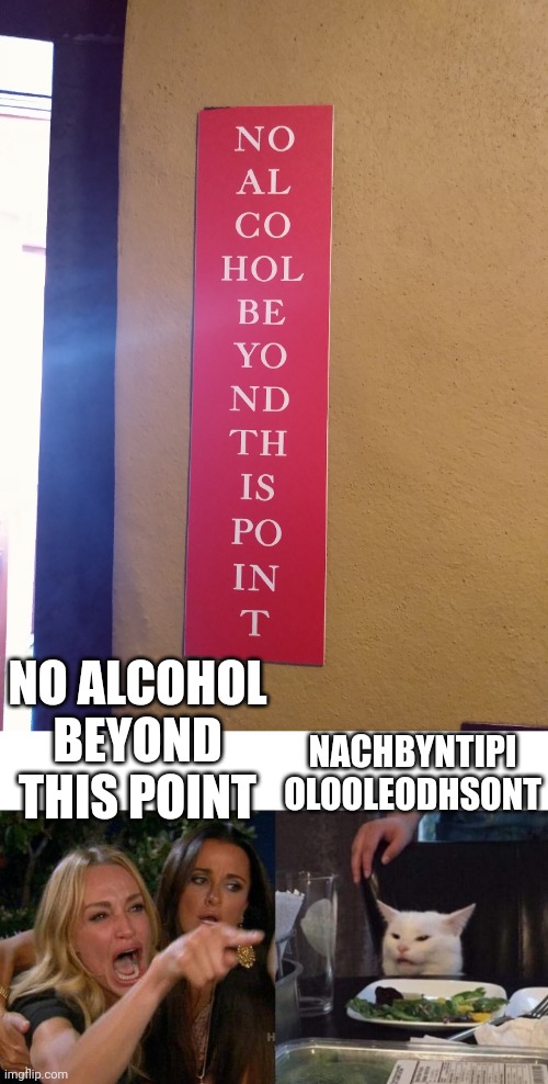 NO ALCOHOL BEYOND THIS POINT; NACHBYNTIPI
OLOOLEODHSONT | image tagged in memes,woman yelling at cat | made w/ Imgflip meme maker