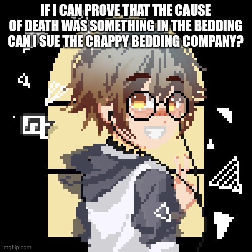 pixell | IF I CAN PROVE THAT THE CAUSE OF DEATH WAS SOMETHING IN THE BEDDING CAN I SUE THE CRAPPY BEDDING COMPANY? | image tagged in pixell | made w/ Imgflip meme maker
