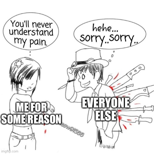 You'll never understand my pain | EVERYONE ELSE; ME FOR SOME REASON | image tagged in you'll never understand my pain | made w/ Imgflip meme maker