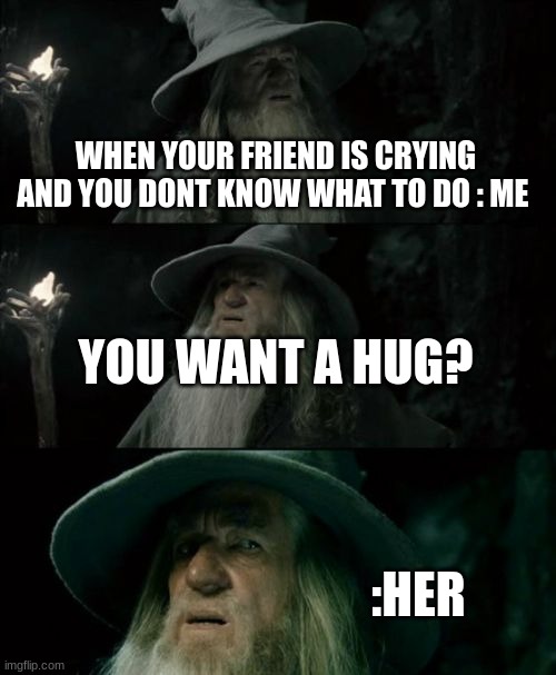 sometimes me lol | WHEN YOUR FRIEND IS CRYING AND YOU DONT KNOW WHAT TO DO : ME; YOU WANT A HUG? :HER | image tagged in memes,confused gandalf | made w/ Imgflip meme maker