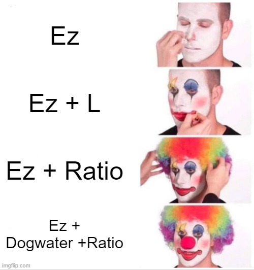Toxic | Ez; Ez + L; Ez + Ratio; Ez + Dogwater +Ratio | image tagged in memes,clown applying makeup,fun,toxic | made w/ Imgflip meme maker