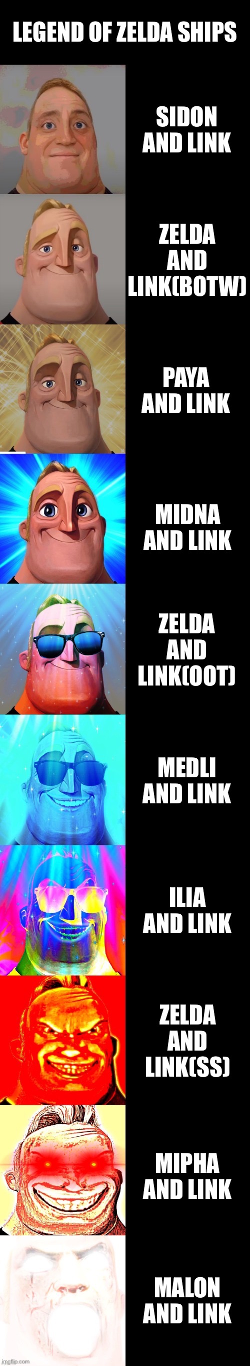 mr incredible becoming canny | LEGEND OF ZELDA SHIPS; SIDON AND LINK; ZELDA AND LINK(BOTW); PAYA AND LINK; MIDNA AND LINK; ZELDA AND LINK(OOT); MEDLI AND LINK; ILIA AND LINK; ZELDA AND LINK(SS); MIPHA AND LINK; MALON AND LINK | image tagged in mr incredible becoming canny | made w/ Imgflip meme maker