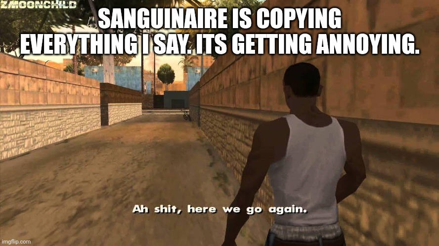 Here we go again | SANGUINAIRE IS COPYING EVERYTHING I SAY. ITS GETTING ANNOYING. | image tagged in here we go again | made w/ Imgflip meme maker