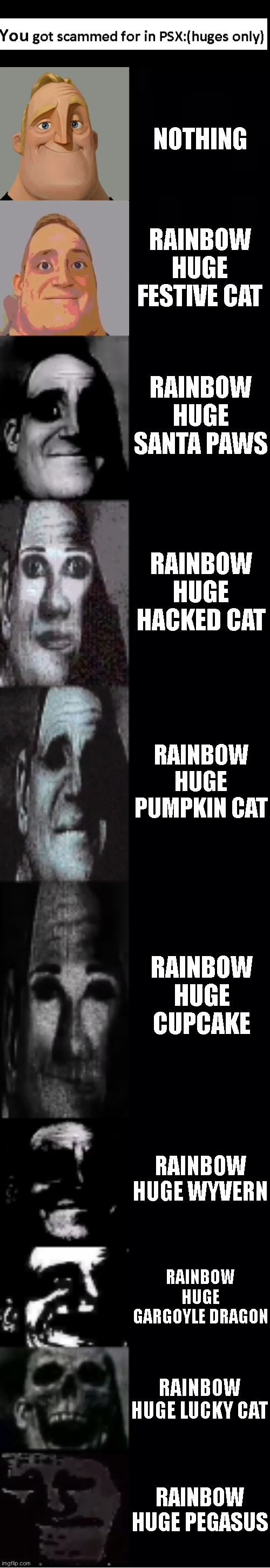 mr incredible becoming uncanny | NOTHING; RAINBOW HUGE FESTIVE CAT; RAINBOW HUGE SANTA PAWS; RAINBOW HUGE HACKED CAT; RAINBOW HUGE PUMPKIN CAT; RAINBOW HUGE CUPCAKE; RAINBOW HUGE WYVERN; RAINBOW HUGE GARGOYLE DRAGON; RAINBOW HUGE LUCKY CAT; RAINBOW HUGE PEGASUS | image tagged in mr incredible becoming uncanny | made w/ Imgflip meme maker