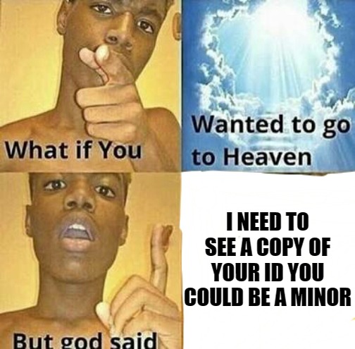 serious question! | I NEED TO SEE A COPY OF YOUR ID YOU COULD BE A MINOR | image tagged in what if you wanted to go to heaven | made w/ Imgflip meme maker