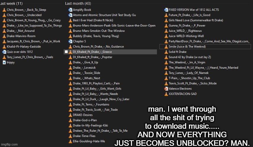 IM STILL HAVING A HEART ATTACK- | man. I went through all the shit of trying to download music..... AND NOW EVERYTHING JUST BECOMES UNBLOCKED? MAN. | made w/ Imgflip meme maker