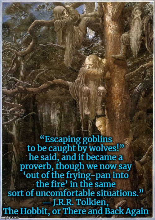 The Wargs |  “Escaping goblins to be caught by wolves!” he said, and it became a proverb, though we now say ‘out of the frying-pan into the fire’ in the same sort of uncomfortable situations.”
― J.R.R. Tolkien, The Hobbit, or There and Back Again | image tagged in tolkien,the hobbit,wolves,goblin,dwarves | made w/ Imgflip meme maker