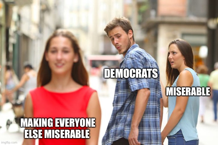 Day in the life | MAKING EVERYONE ELSE MISERABLE DEMOCRATS MISERABLE | image tagged in memes,distracted boyfriend | made w/ Imgflip meme maker