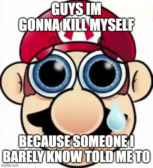 Sad Mario | GUYS IM GONNA KILL MYSELF BECAUSE SOMEONE I BARELY KNOW TOLD ME TO | image tagged in sad mario | made w/ Imgflip meme maker