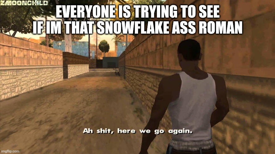 Here we go again | EVERYONE IS TRYING TO SEE IF IM THAT SNOWFLAKE ASS ROMAN | image tagged in here we go again | made w/ Imgflip meme maker