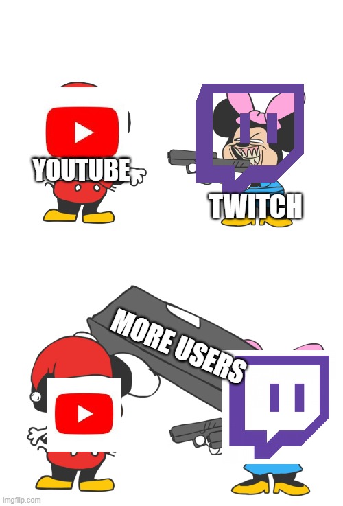 YT | YOUTUBE; TWITCH; MORE USERS | image tagged in mokey mouse | made w/ Imgflip meme maker