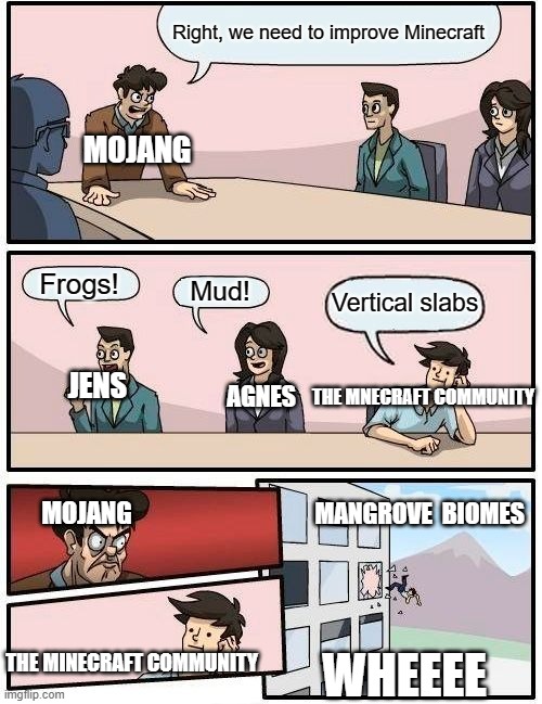 Minecraft community | Right, we need to improve Minecraft; MOJANG; Frogs! Mud! Vertical slabs; THE MNECRAFT COMMUNITY; JENS; AGNES; MANGROVE  BIOMES; MOJANG; THE MINECRAFT COMMUNITY; WHEEEE | image tagged in memes,boardroom meeting suggestion | made w/ Imgflip meme maker