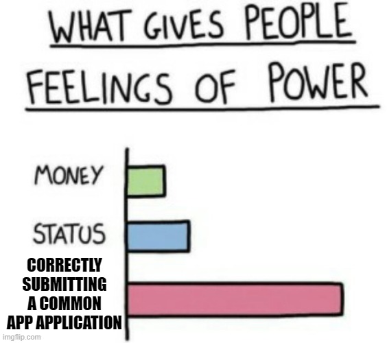 Common App application | CORRECTLY SUBMITTING A COMMON APP APPLICATION | image tagged in what gives people feelings of power,funny,lol,school,college | made w/ Imgflip meme maker