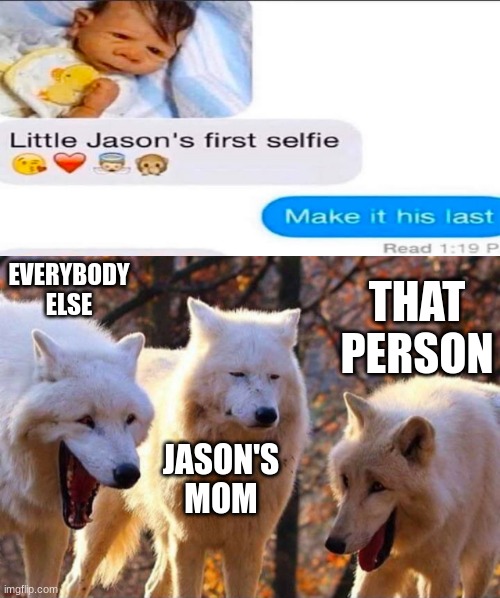 snad | EVERYBODY ELSE; THAT PERSON; JASON'S MOM | image tagged in laughing wolf | made w/ Imgflip meme maker