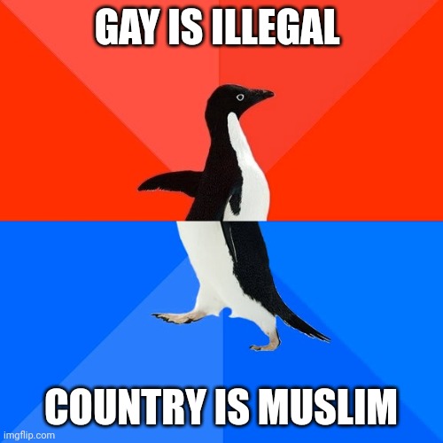 Socially Awesome Awkward Penguin Meme | GAY IS ILLEGAL COUNTRY IS MUSLIM | image tagged in memes,socially awesome awkward penguin | made w/ Imgflip meme maker
