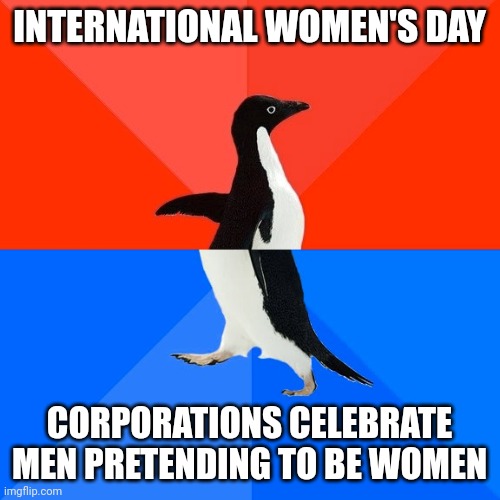Socially Awesome Awkward Penguin Meme | INTERNATIONAL WOMEN'S DAY CORPORATIONS CELEBRATE MEN PRETENDING TO BE WOMEN | image tagged in memes,socially awesome awkward penguin | made w/ Imgflip meme maker