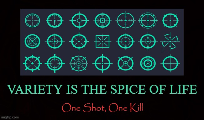 Cross-Hairs | VARIETY IS THE SPICE OF LIFE; One Shot, One Kill | image tagged in sniper,scope,hunt,prey,predator,ghillie suit | made w/ Imgflip meme maker