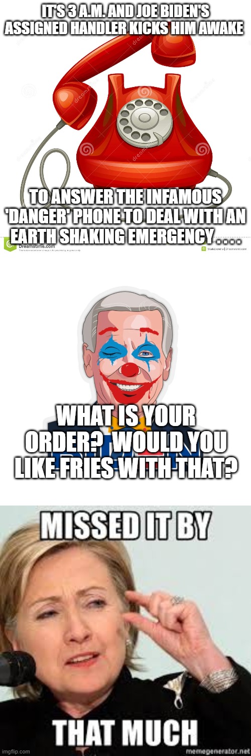 Leftists are crowing that Joe Biden answered the infamous 3 A.M. emergency call. | IT'S 3 A.M. AND JOE BIDEN'S ASSIGNED HANDLER KICKS HIM AWAKE; TO ANSWER THE INFAMOUS 'DANGER' PHONE TO DEAL WITH AN EARTH SHAKING EMERGENCY . . . . WHAT IS YOUR ORDER?  WOULD YOU LIKE FRIES WITH THAT? | image tagged in reality versus leftist propaganda | made w/ Imgflip meme maker