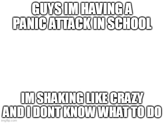Blank White Template | GUYS IM HAVING A PANIC ATTACK IN SCHOOL; IM SHAKING LIKE CRAZY AND I DONT KNOW WHAT TO DO | image tagged in blank white template | made w/ Imgflip meme maker
