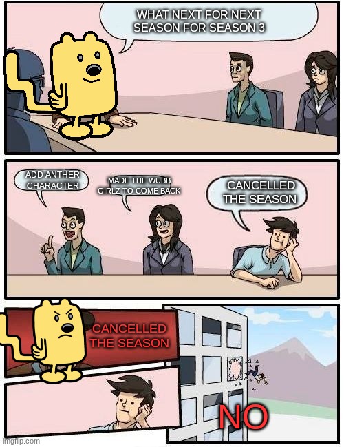 For the next season 3 of wow wow wubbzy meeting | WHAT NEXT FOR NEXT SEASON FOR SEASON 3; ADD ANTHER CHARACTER; MADE THE WUBB GIRLZ TO COME BACK; CANCELLED THE SEASON; CANCELLED THE SEASON; NO | image tagged in wubbzy boardroom meeting suggestion,season 3,wubbzy,memes,cancelled | made w/ Imgflip meme maker