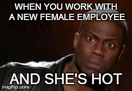 Kevin Hart Meme | WHEN YOU WORK WITH A NEW FEMALE EMPLOYEE AND SHE'S HOT | image tagged in memes,kevin hart the hell | made w/ Imgflip meme maker