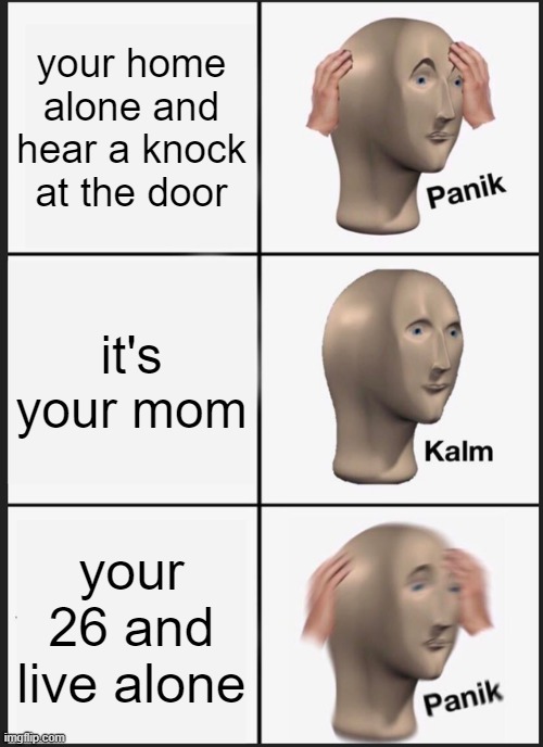 Panik Kalm Panik | your home alone and hear a knock at the door; it's your mom; your 26 and live alone | image tagged in memes,panik kalm panik | made w/ Imgflip meme maker
