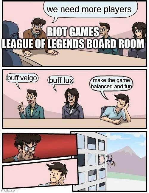 facts | we need more players; RIOT GAMES
LEAGUE OF LEGENDS BOARD ROOM; buff veigo; buff lux; make the game balanced and fun | image tagged in memes,boardroom meeting suggestion | made w/ Imgflip meme maker