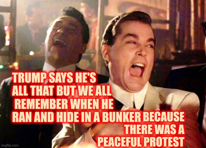 Trump Is No Zelenskiy | TRUMP SAYS HE'S ALL THAT BUT WE ALL  REMEMBER WHEN HE RAN AND HIDE IN A BUNKER; BECAUSE THERE WAS A PEACEFUL PROTEST | image tagged in memes,good fellas hilarious,trump putin,donald trump vladamir putin,putin's puppet,wannabe | made w/ Imgflip meme maker