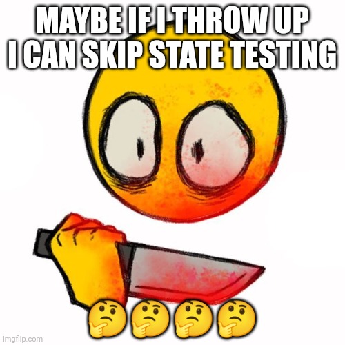 knife | MAYBE IF I THROW UP I CAN SKIP STATE TESTING; 🤔🤔🤔🤔 | image tagged in knife | made w/ Imgflip meme maker