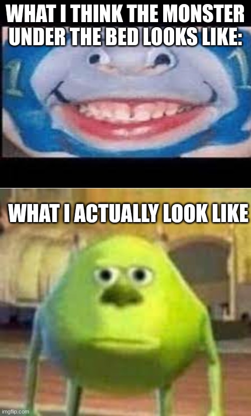 *insert good title here* | WHAT I THINK THE MONSTER UNDER THE BED LOOKS LIKE:; WHAT I ACTUALLY LOOK LIKE | image tagged in lol so funny,mike wazowski face swap,joe mama,why are you gay,please stop,please help me | made w/ Imgflip meme maker