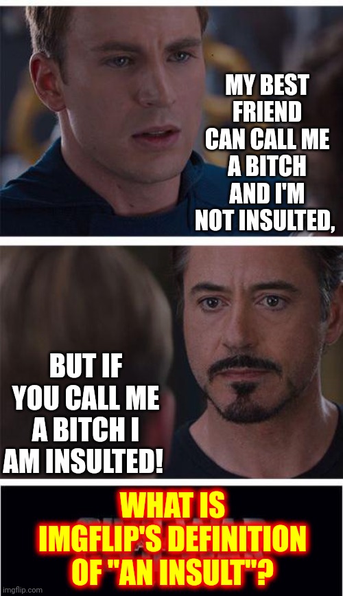 Gonna Need Some Clairification | MY BEST FRIEND CAN CALL ME A BITCH AND I'M NOT INSULTED, BUT IF YOU CALL ME A BITCH I AM INSULTED! WHAT IS IMGFLIP'S DEFINITION OF "AN INSULT"? | image tagged in memes,marvel civil war 1,clarify,clarity,definition,be specific | made w/ Imgflip meme maker