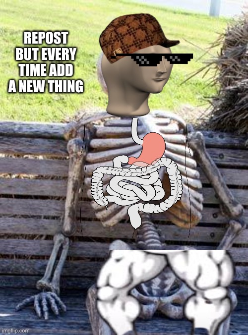Waiting Skeleton | REPOST BUT EVERY TIME ADD A NEW THING | image tagged in memes,waiting skeleton | made w/ Imgflip meme maker