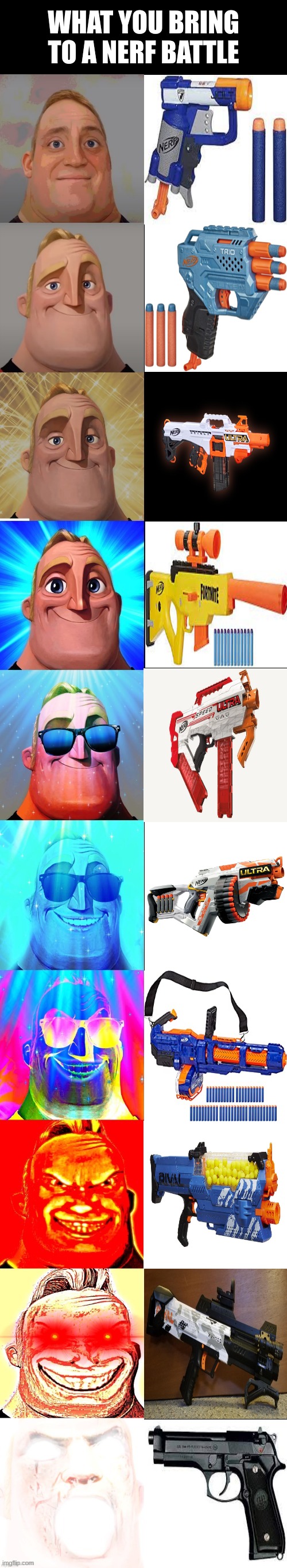 nerf | WHAT YOU BRING TO A NERF BATTLE | image tagged in mr incredible becoming canny | made w/ Imgflip meme maker