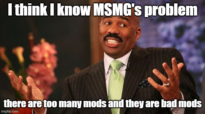 Too many of them leads to chaos when they aren't even good mods to BEGIN with | I think I know MSMG's problem; there are too many mods and they are bad mods | image tagged in memes,steve harvey | made w/ Imgflip meme maker