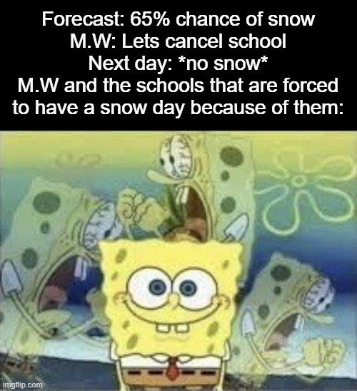 Yay, snow day for me because of hasty people | Forecast: 65% chance of snow
M.W: Lets cancel school
Next day: *no snow*
M.W and the schools that are forced to have a snow day because of them: | image tagged in spongebob internal screaming,school,snow day | made w/ Imgflip meme maker