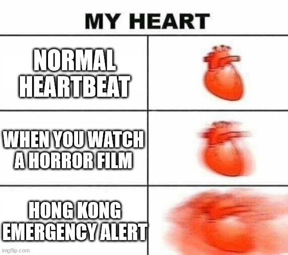 Heartbeat | NORMAL HEARTBEAT; WHEN YOU WATCH A HORROR FILM; HONG KONG EMERGENCY ALERT | image tagged in my heart blank | made w/ Imgflip meme maker