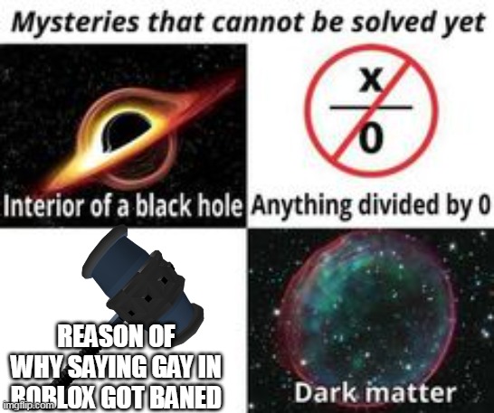 Mysteries That Cannot Be Solved Yet | REASON OF WHY SAYING GAY IN ROBLOX GOT BANED | image tagged in mysteries that cannot be solved yet | made w/ Imgflip meme maker