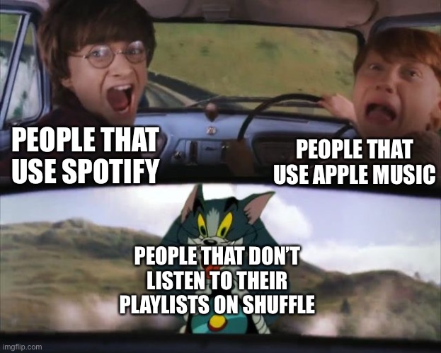 Tom chasing Harry and Ron Weasly | PEOPLE THAT USE APPLE MUSIC; PEOPLE THAT USE SPOTIFY; PEOPLE THAT DON’T LISTEN TO THEIR PLAYLISTS ON SHUFFLE | image tagged in tom chasing harry and ron weasly,apple music,spotify,music,memes | made w/ Imgflip meme maker