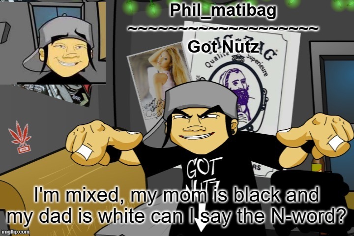 Phil_matibag announcement temp | I'm mixed, my mom is black and my dad is white can I say the N-word? | image tagged in phil_matibag announcement temp | made w/ Imgflip meme maker