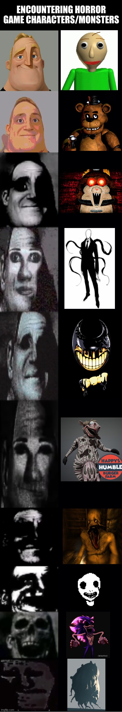 I made this for Mairusu | ENCOUNTERING HORROR GAME CHARACTERS/MONSTERS | image tagged in mr incredible becoming uncanny,horror | made w/ Imgflip meme maker
