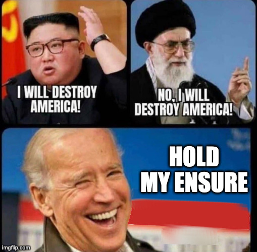 Gives a sniffin' and keeps on whiffin' | HOLD MY ENSURE | image tagged in biden,america first,america last | made w/ Imgflip meme maker