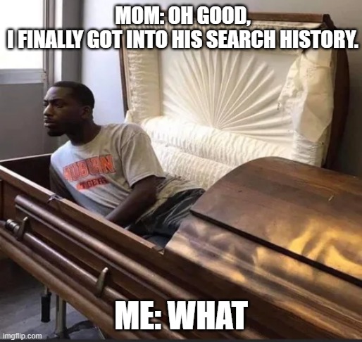 This will end badly.... | MOM: OH GOOD, I FINALLY GOT INTO HIS SEARCH HISTORY. ME: WHAT | image tagged in coffin,what did you say | made w/ Imgflip meme maker