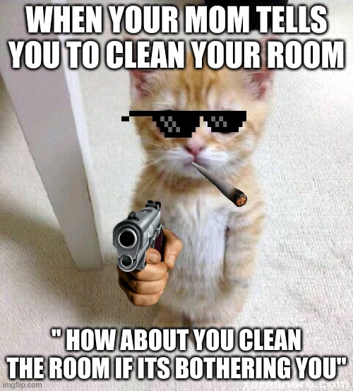 its true | WHEN YOUR MOM TELLS YOU TO CLEAN YOUR ROOM; '' HOW ABOUT YOU CLEAN THE ROOM IF ITS BOTHERING YOU'' | image tagged in memes,cute cat | made w/ Imgflip meme maker