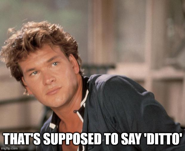 Patrick Swayze | THAT'S SUPPOSED TO SAY 'DITTO' | image tagged in patrick swayze | made w/ Imgflip meme maker