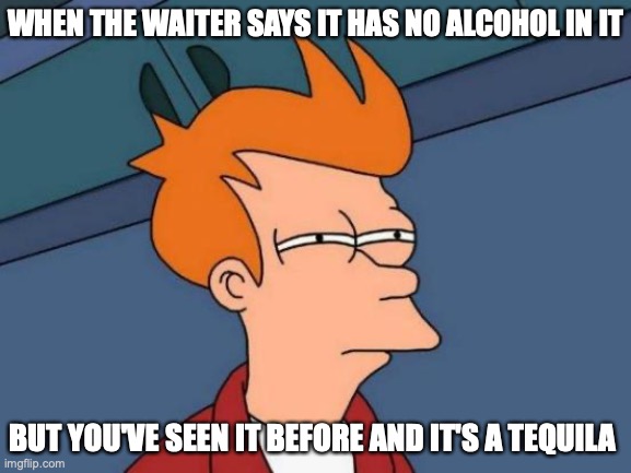 when your table orders too many drinks | WHEN THE WAITER SAYS IT HAS NO ALCOHOL IN IT; BUT YOU'VE SEEN IT BEFORE AND IT'S A TEQUILA | image tagged in memes,futurama fry | made w/ Imgflip meme maker