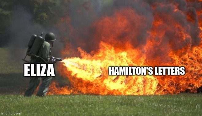 ;-; | HAMILTON'S LETTERS; ELIZA | image tagged in flamethrower | made w/ Imgflip meme maker