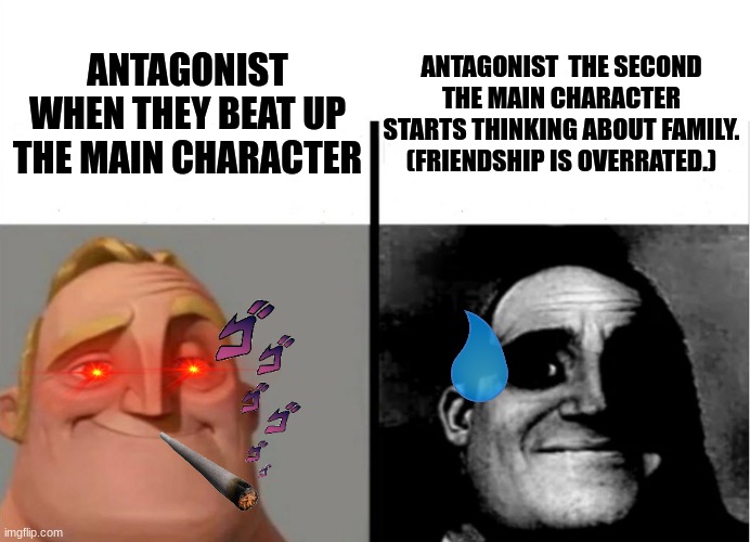 Teacher's Copy | ANTAGONIST  THE SECOND THE MAIN CHARACTER STARTS THINKING ABOUT FAMILY. (FRIENDSHIP IS OVERRATED.); ANTAGONIST WHEN THEY BEAT UP THE MAIN CHARACTER | image tagged in teacher's copy,plot armor,anime | made w/ Imgflip meme maker