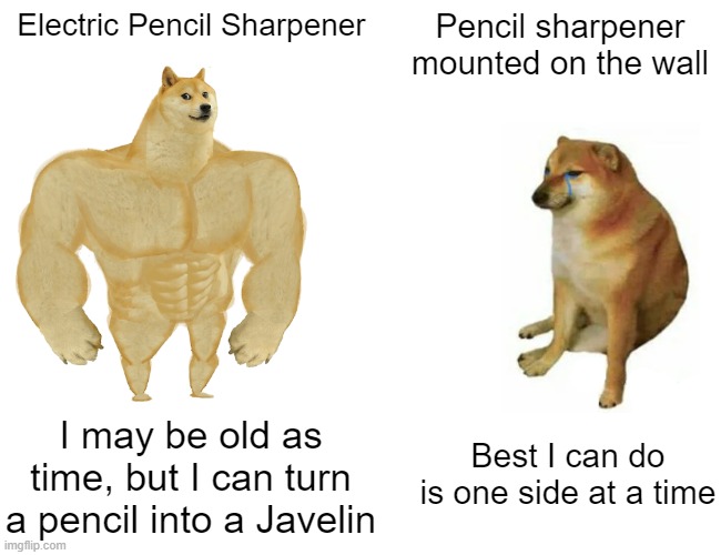 Why do we still even use them | Electric Pencil Sharpener; Pencil sharpener mounted on the wall; I may be old as time, but I can turn a pencil into a Javelin; Best I can do is one side at a time | image tagged in memes,buff doge vs cheems | made w/ Imgflip meme maker